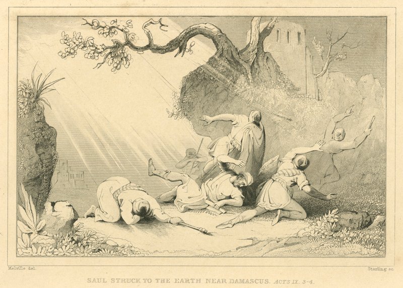 Saul frappé à terre près de Damas, Actes IX, 3-4 (gravure) - English School