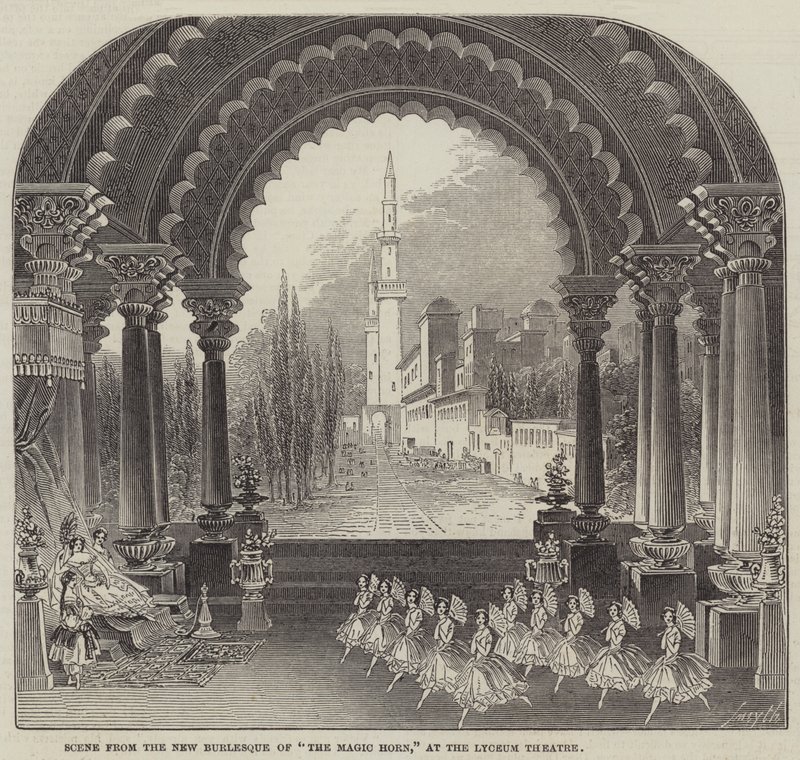 Scène de la nouvelle burlesque de "Le Cor magique," au théâtre Lyceum (gravure) - English School