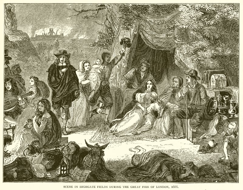 Scène dans les champs de Highgate pendant le grand incendie de Londres, 1666 - English School