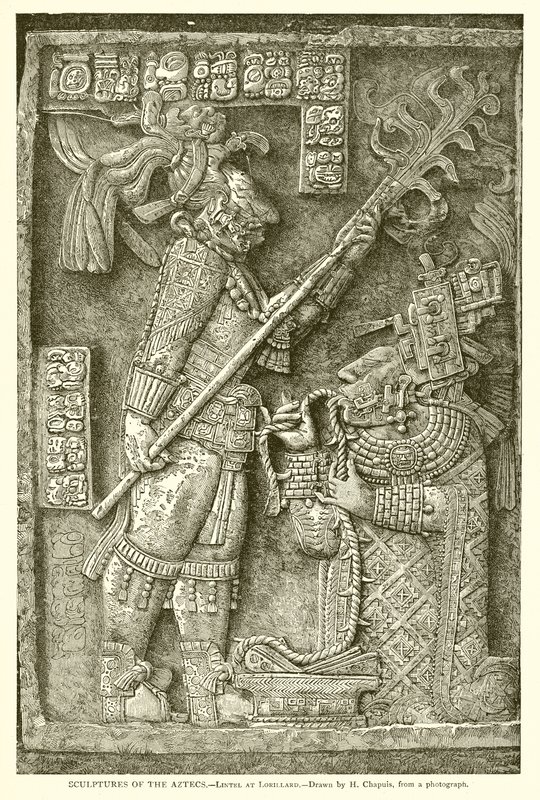Sculptures des Aztèques - Linteau de Lorillard (gravure) - English School