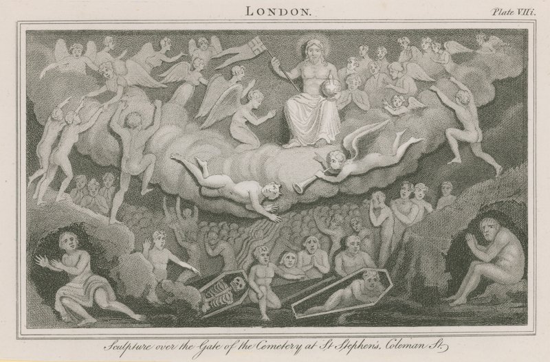 Sculpture au-dessus de la porte du cimetière de Saint-Étienne - English School