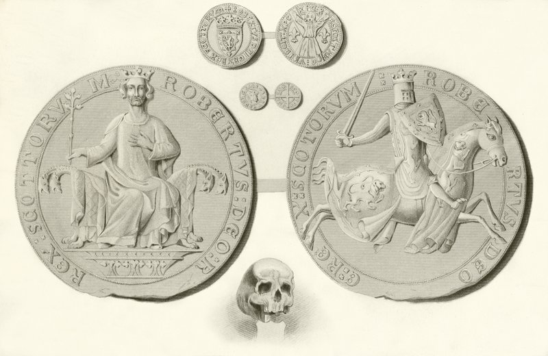 Sceau, pièces de monnaie et crâne du roi Robert Bruce - English School