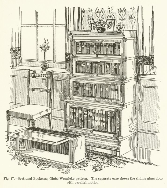 Bibliothèque sectionnelle, modèle Globe-Wernicke, le boîtier séparé montre la porte en verre coulissante avec mouvement parallèle - English School