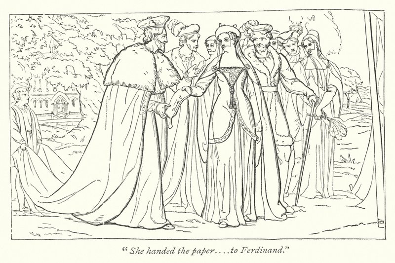 La princesse française remet à Ferdinand un document de son père (gravure) - English School