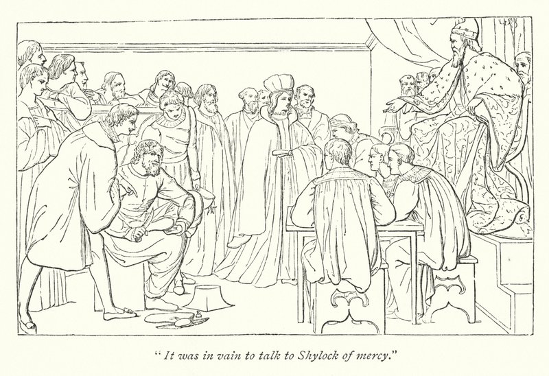 Le Marchand de Venise de Shakespeare ; Cour de jugement, le Doge invitant Portia à son siège - English School