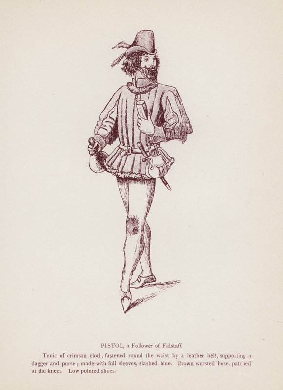 Les Joyeuses Commères de Windsor de Shakespeare : Pistol, un suiveur de Falstaff (lithographie) - English School