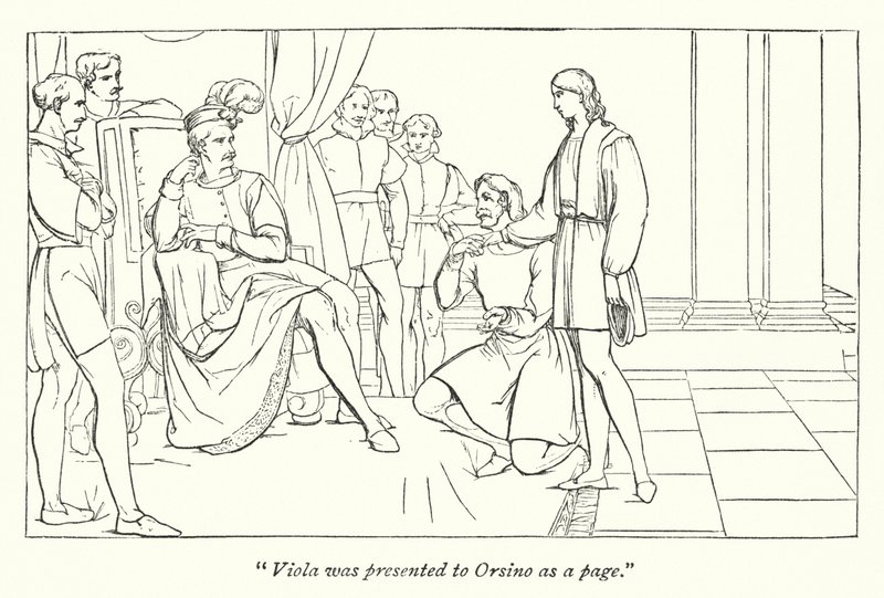La Nuit des rois de Shakespeare; La légende présentant Viola à Orsino - English School