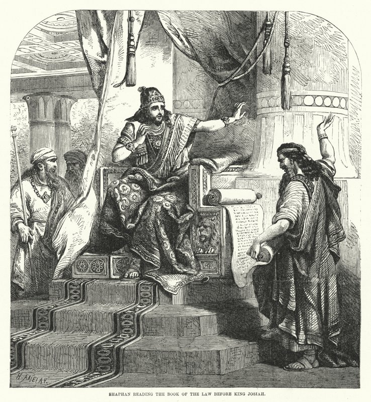 Shaphan lisant le livre de la loi devant le roi Josias (gravure) - English School