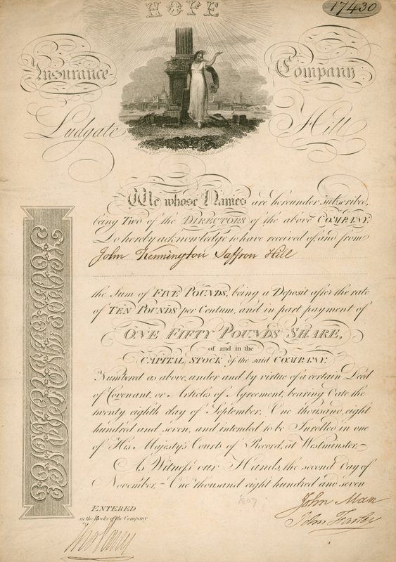 Part sociale de la Hope Insurance Company, Ludgate Hill, Londres - English School