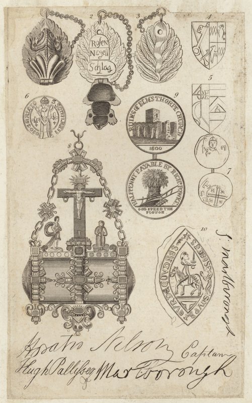 Feuille représentant des pièces de monnaie, des sceaux et des jetons, avec des fac-similés de signatures - English School