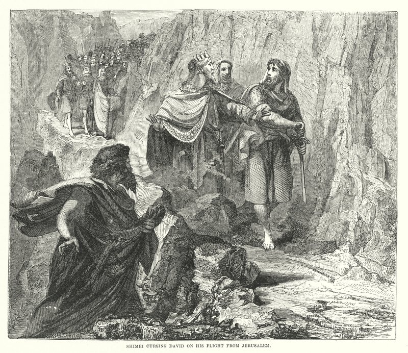 Shimei maudissant David lors de sa fuite de Jérusalem (gravure) - English School