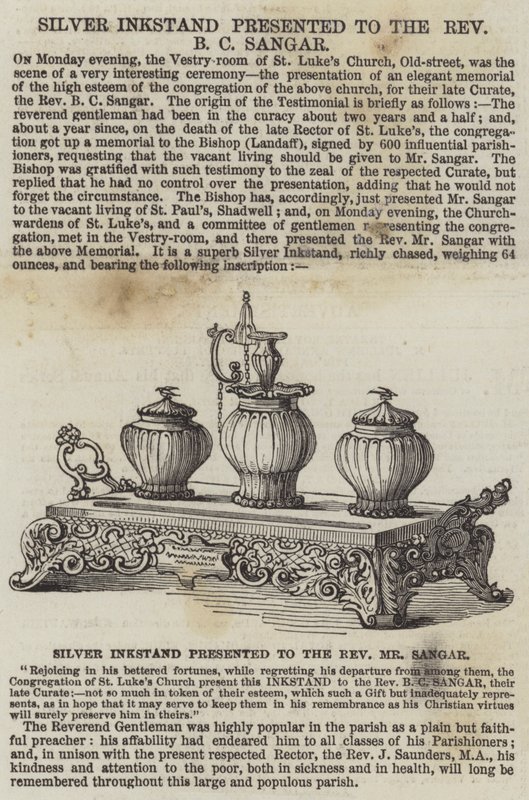 Encrier en argent présenté au Révérend B C Sangar (gravure) - English School