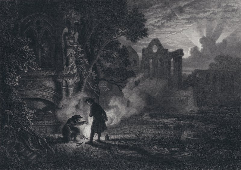 Sir Arthur et Dousterswivel dans les ruines de Saint Ruth (gravure) - English School