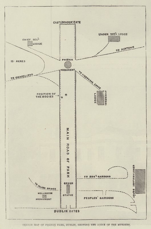 Carte de Phoenix Park, Dublin, montrant la scène des meurtres - English School