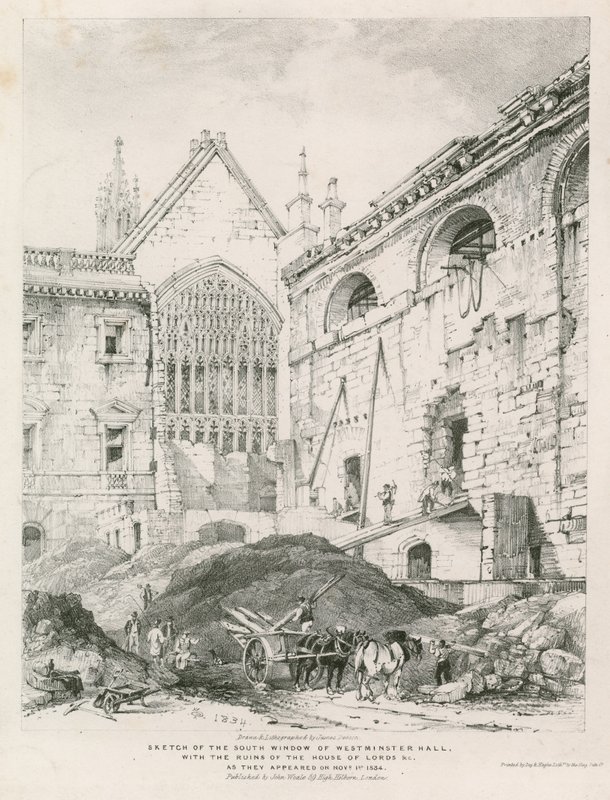 Croquis de la fenêtre sud de Westminster Hall avec les ruines de la Chambre des Lords - English School