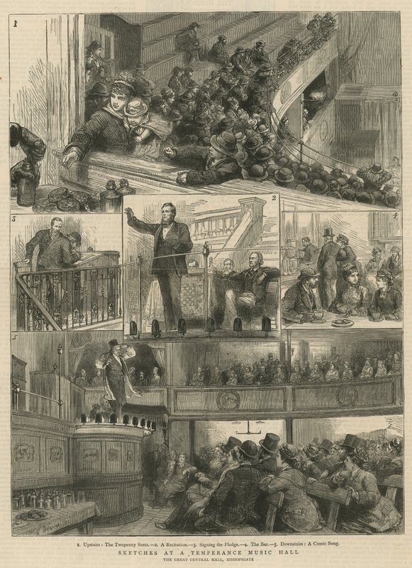 Croquis à une salle de musique de tempérance, The Great Central Hall, Bishopsgate - English School