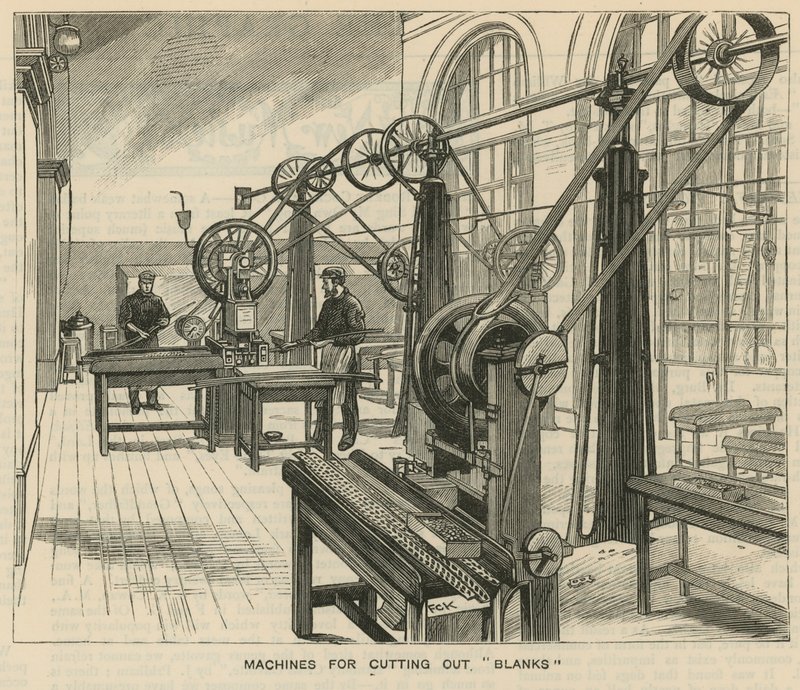 Croquis à la Monnaie Royale, Tower Hill; machines pour découper les flans - English School
