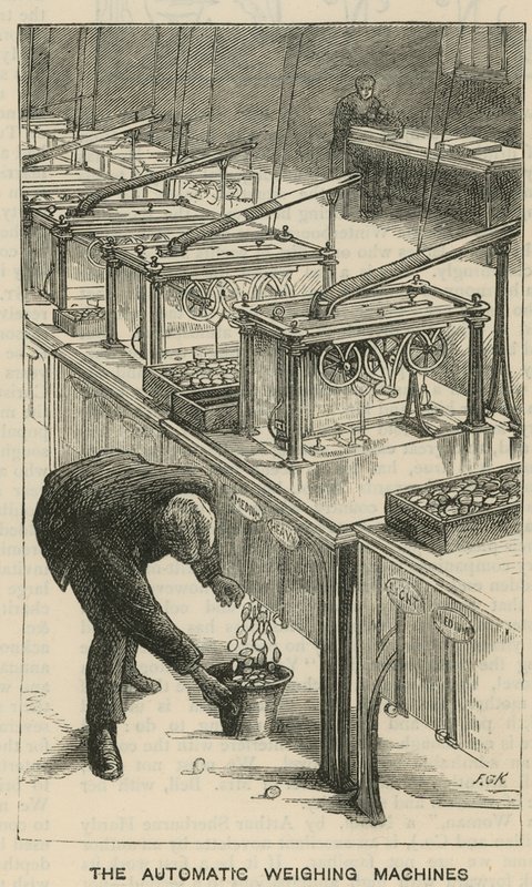 Croquis à la Monnaie Royale, Tower Hill; les machines de pesage automatiques - English School