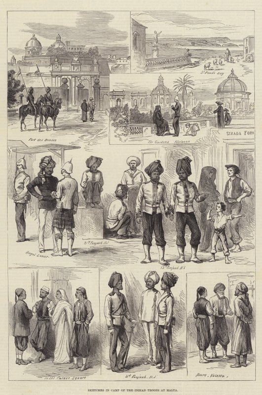 Croquis dans le camp des troupes indiennes à Malte (gravure) - English School