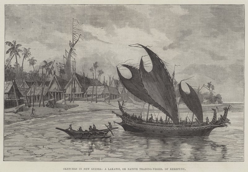 Croquis en Nouvelle-Guinée, un Lakatoi, ou Navire de Commerce Indigène, de Kerepunu - English School