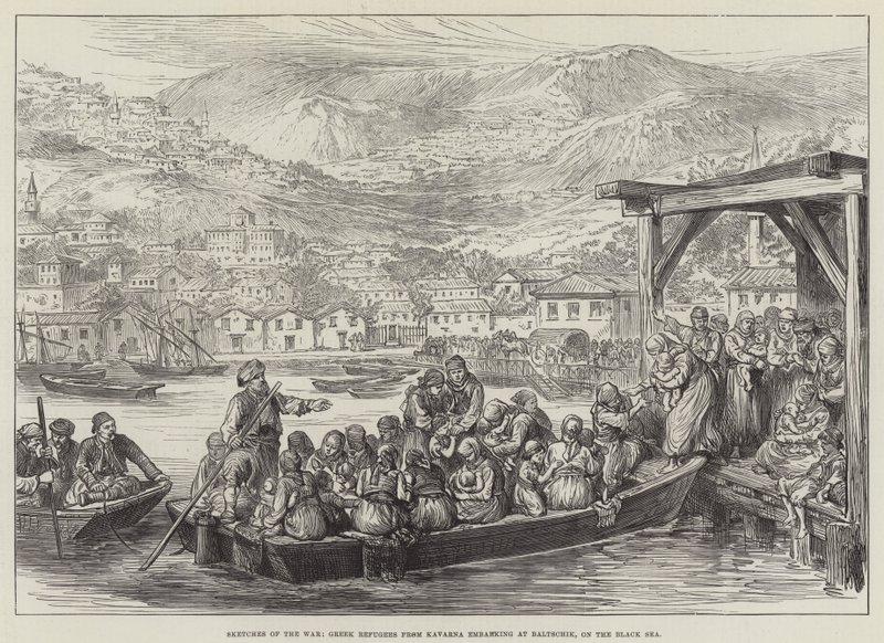 Croquis de la guerre, réfugiés grecs de Kavarna embarquant à Baltschik, sur la mer Noire - English School