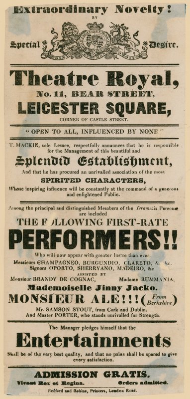 Affiche de théâtre satirique annonçant un pub, Le Bear and Ragged Staff - English School