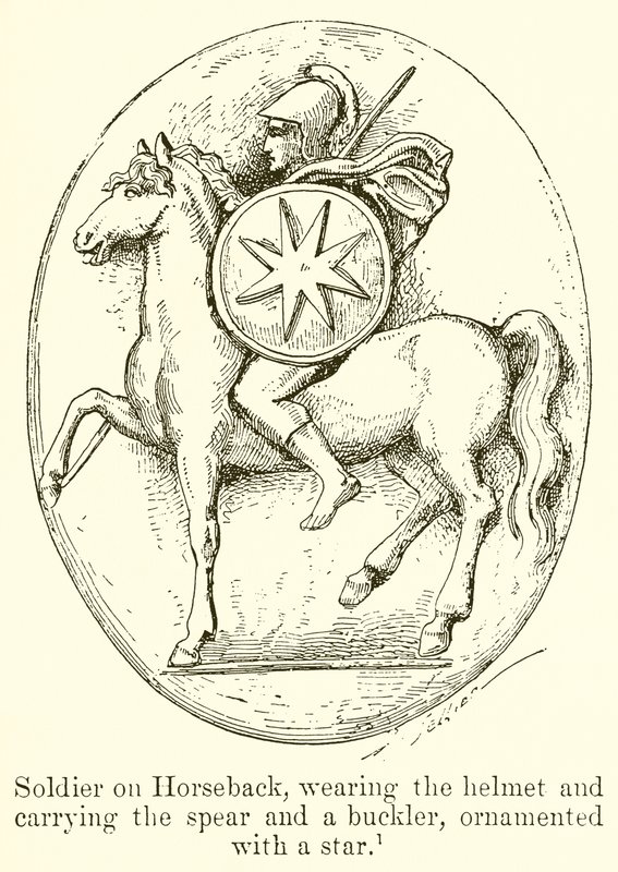 Soldat à cheval, portant le casque et tenant la lance et le bouclier, orné d