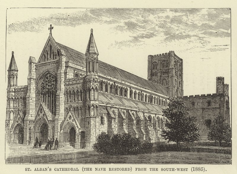Cathédrale de St Albans, la nef restaurée, vue du sud-ouest, 1885 - English School