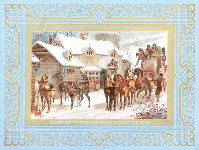 Diligence et chevaux devant une auberge, Carte de Noël - English School