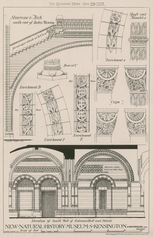 Escalier et arche et élévation du mur sud du hall d