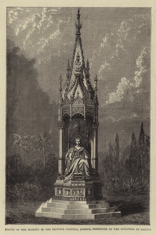 Statue de Sa Majesté dans les jardins Victoria, Bombay, offerte par le Guicowar de Baroda (gravure) - English School