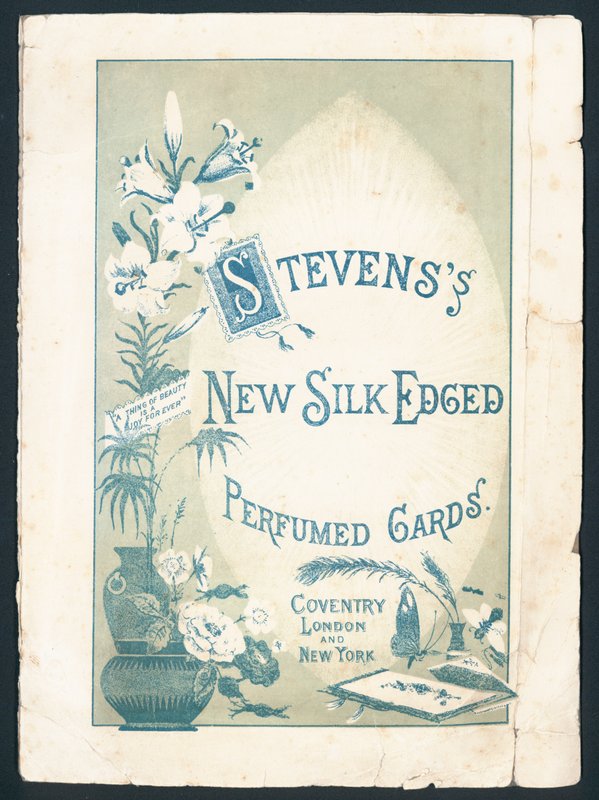 Cartes parfumées à bordure de soie de Stevens, Coventry, Londres et New York. Légende : Une chose de beauté est une joie pour toujours. Publicité victorienne. - English School