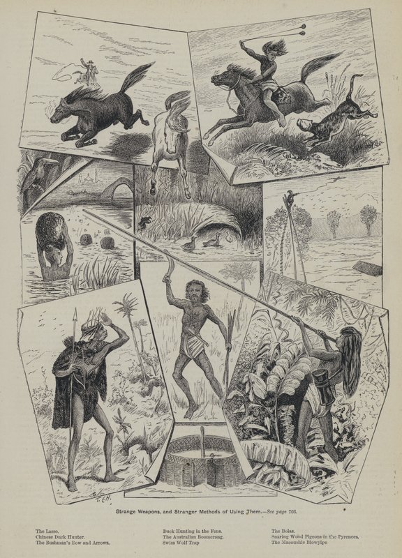 Armes étranges et méthodes encore plus étranges de les utiliser (gravure) - English School