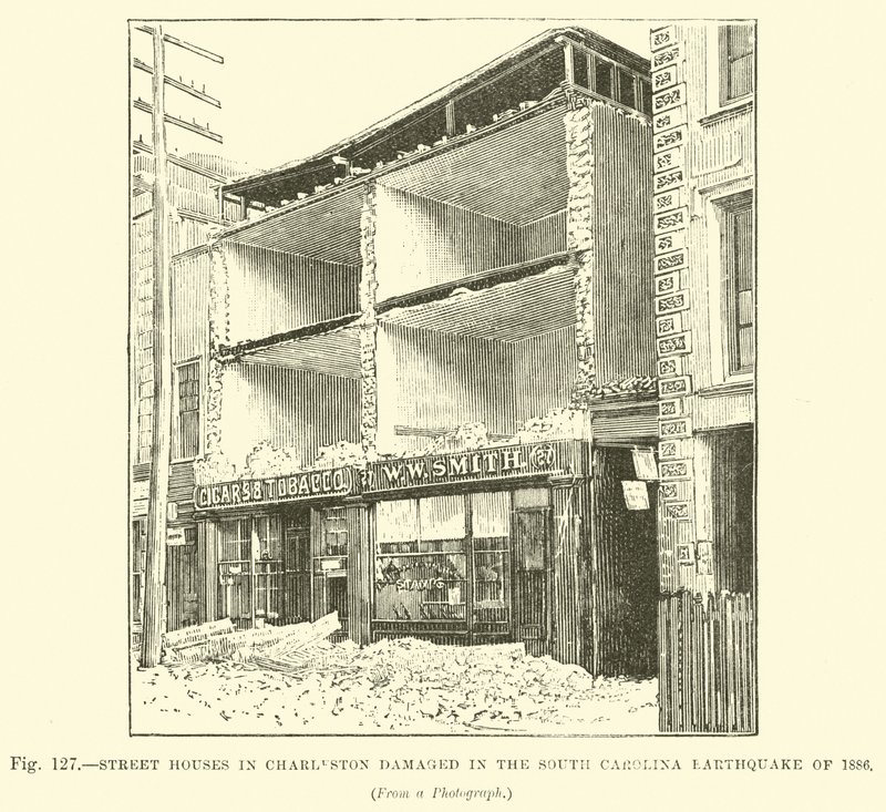 Maisons de rue à Charleston endommagées lors du tremblement de terre de Caroline du Sud en 1886 - English School