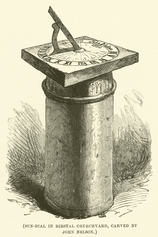 Cadran solaire dans le cimetière de Birstal, sculpté par John Nelson (gravure) - English School