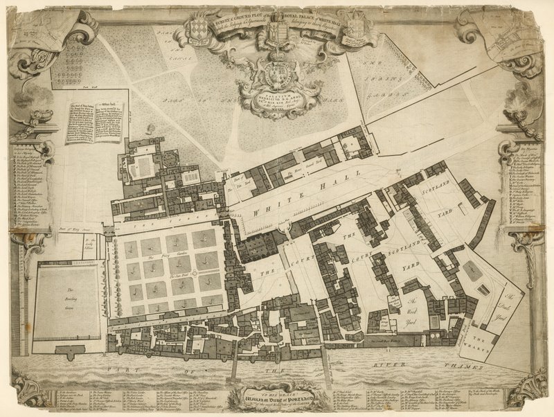Relevé et plan du Palais Royal de Whitehall, 1680, avec les logements et appartements appartenant à leurs Majestés - English School