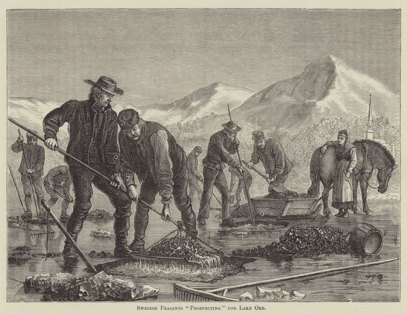 Paysans suédois "prospectant" le minerai du lac (gravure) - English School