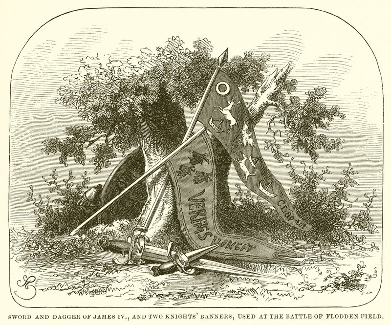 Épée et dague de Jacques IV, et deux bannières de chevaliers, utilisées à la bataille de Flodden Field - English School