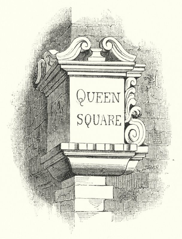 Tablettes pour coins de rue, Queen Square (gravure) - English School