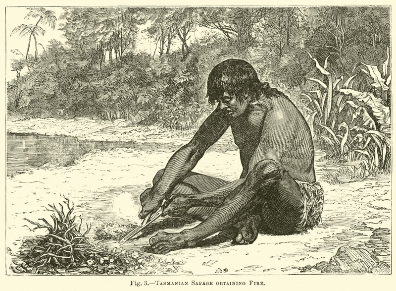 Sauvage tasmanien obtenant du feu - English School