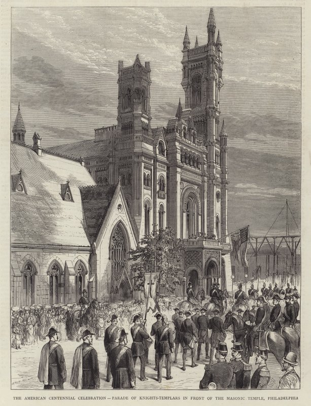 La célébration du centenaire américain, parade des chevaliers-templiers devant le temple maçonnique, Philadelphie (gravure) - English School