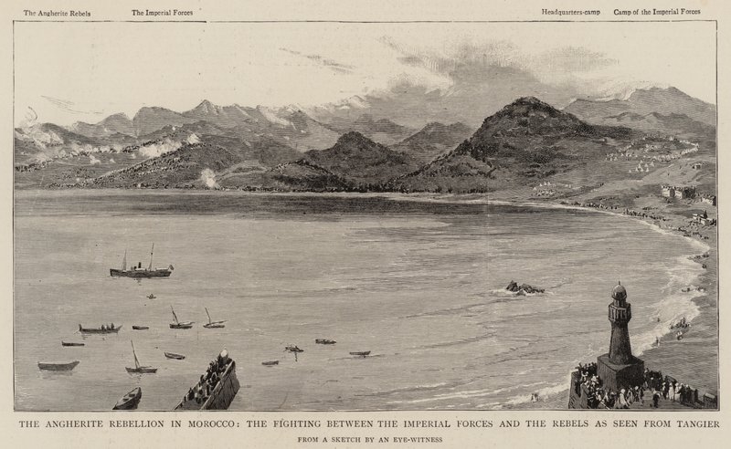 La rébellion des Angherites au Maroc, les combats entre les forces impériales et les rebelles vus de Tanger (gravure) - English School