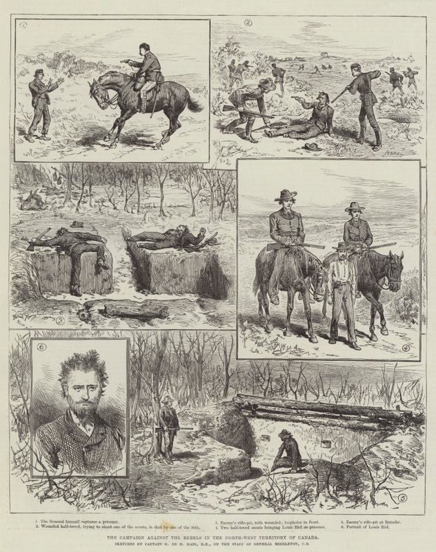 La campagne contre les rebelles dans le territoire du Nord-Ouest du Canada (gravure) - English School
