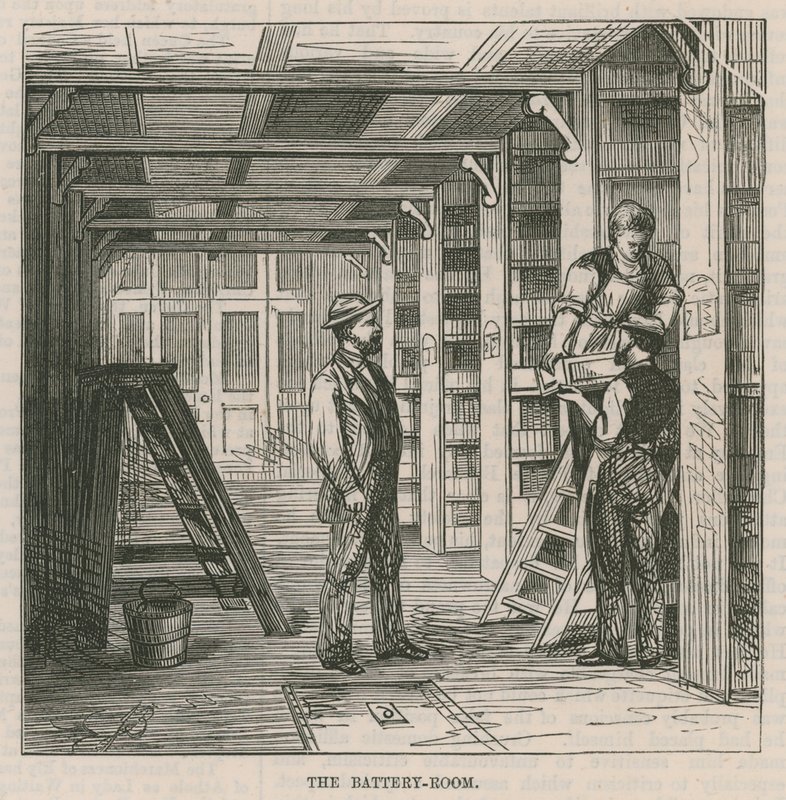 Établissement télégraphique du bureau de poste central : la salle des batteries - English School