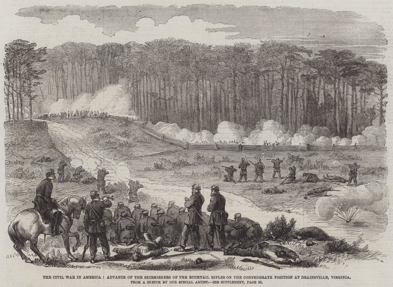 La guerre civile en Amérique, avance des tirailleurs des Bucktail Rifles sur la position confédérée à Drainsville, Virginie (gravure) - English School