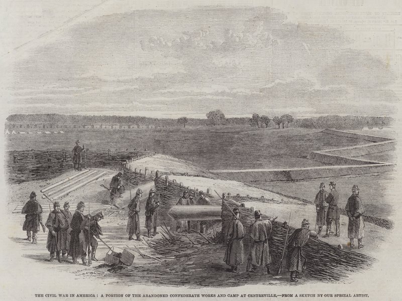 La guerre civile en Amérique, une partie des ouvrages et du camp confédérés abandonnés à Centreville (gravure) - English School