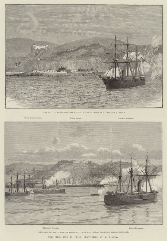 La guerre civile au Chili, hostilités à Valparaiso (gravure) - English School