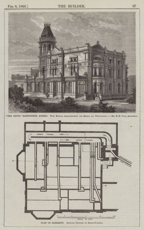 "The Cliff," Eastbourne, Sussex, avec arrangements spéciaux pour la fumée et la ventilation (gravure) - English School