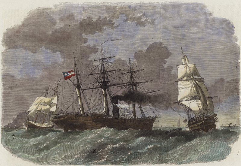 La corvette confédérée Sumter capturant deux navires marchands fédéraux au large de Gibraltar - English School