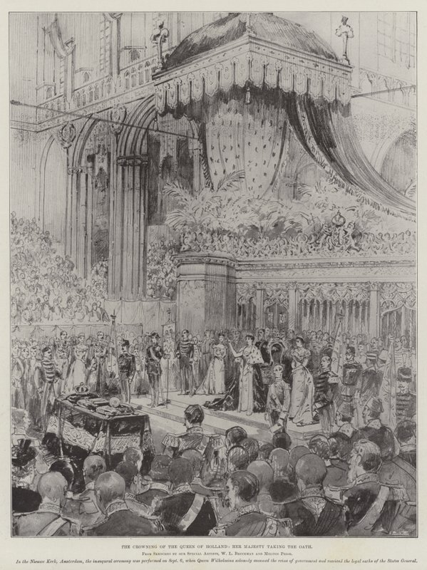Le couronnement de la reine des Pays-Bas, Sa Majesté prêtant serment (gravure) - English School